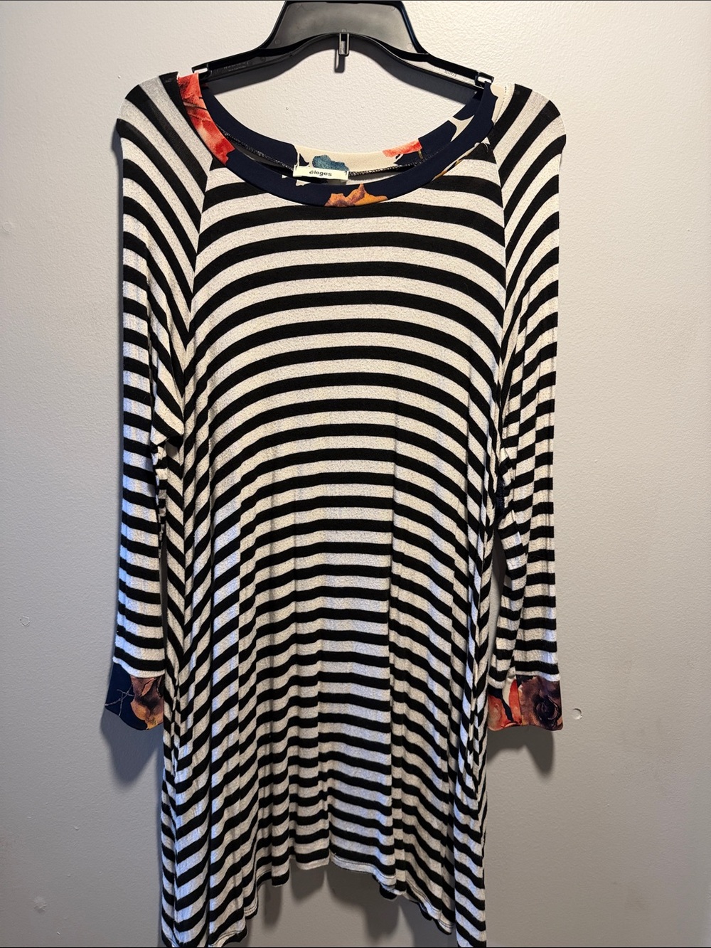 Black & White Striped Long Sleeve Tunic with Floral Trim